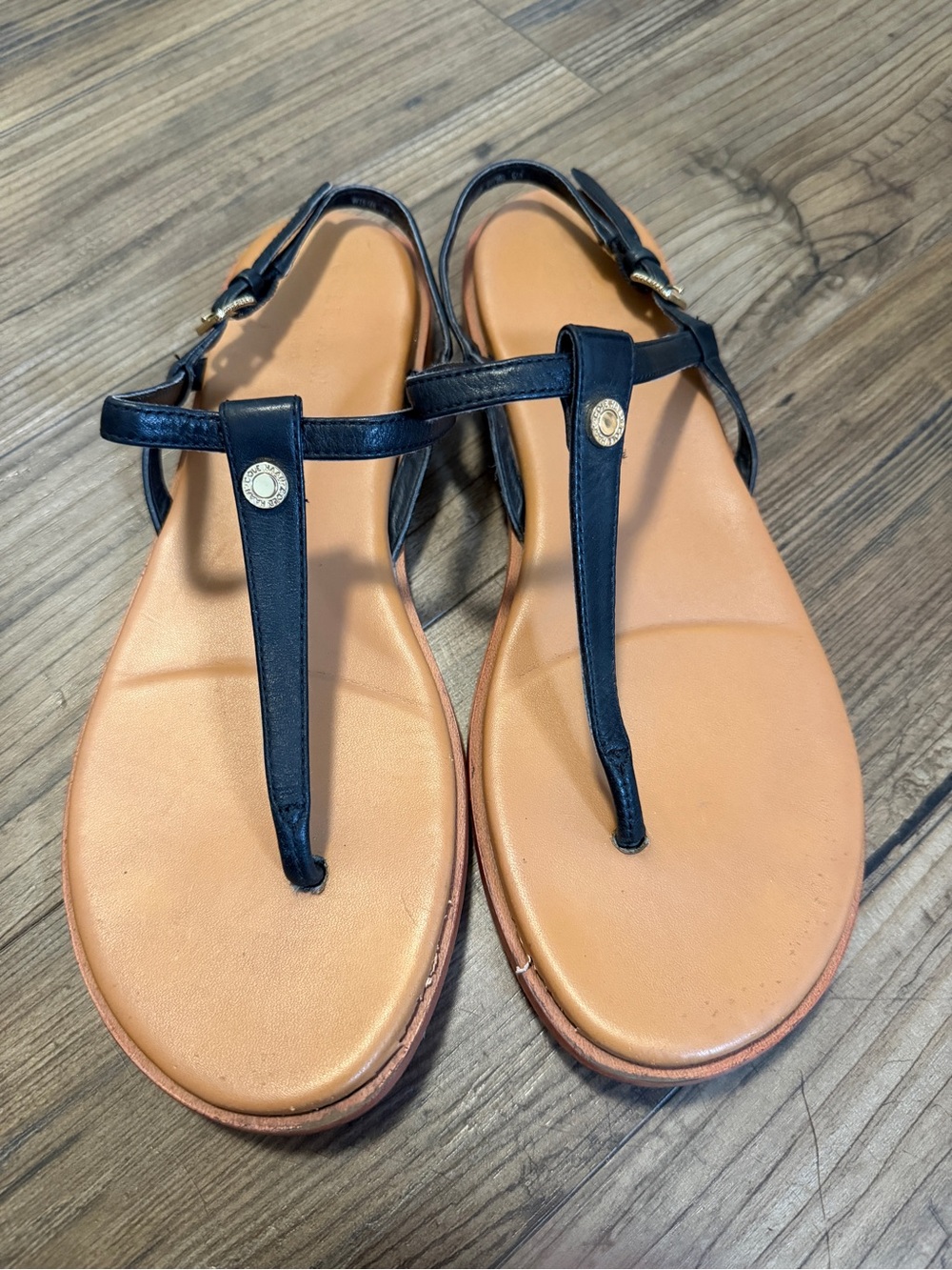 Cole Haan Black T-Strap Sandals with Tan Footbed